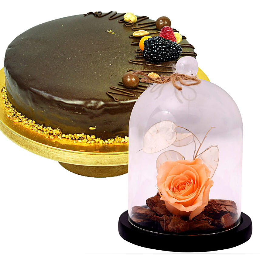 Peach Forever Rose In Glass Dome Chocolate Cake