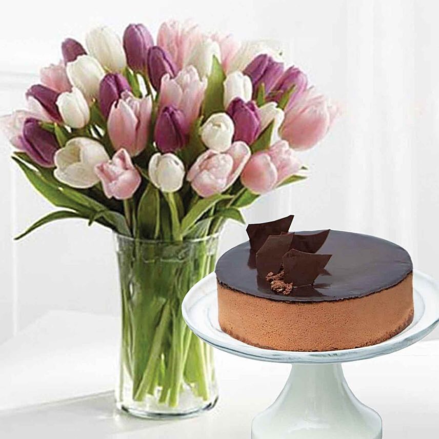 Soft Coloured Tulips Divine Chocolate Cake