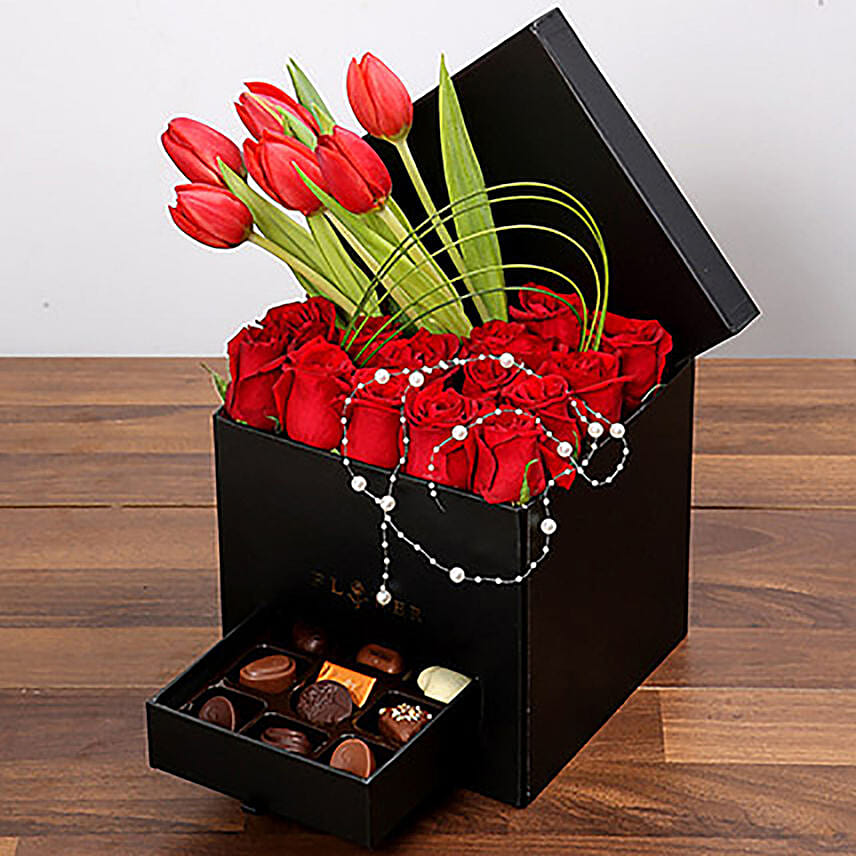 Stylish Box Of Chocolates and Red Mixed Flowers