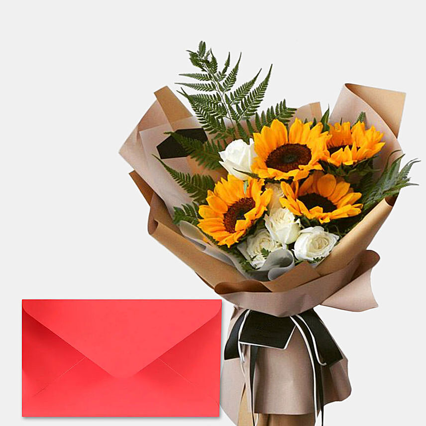 Sunflower Roses Bunch With Greeting Card