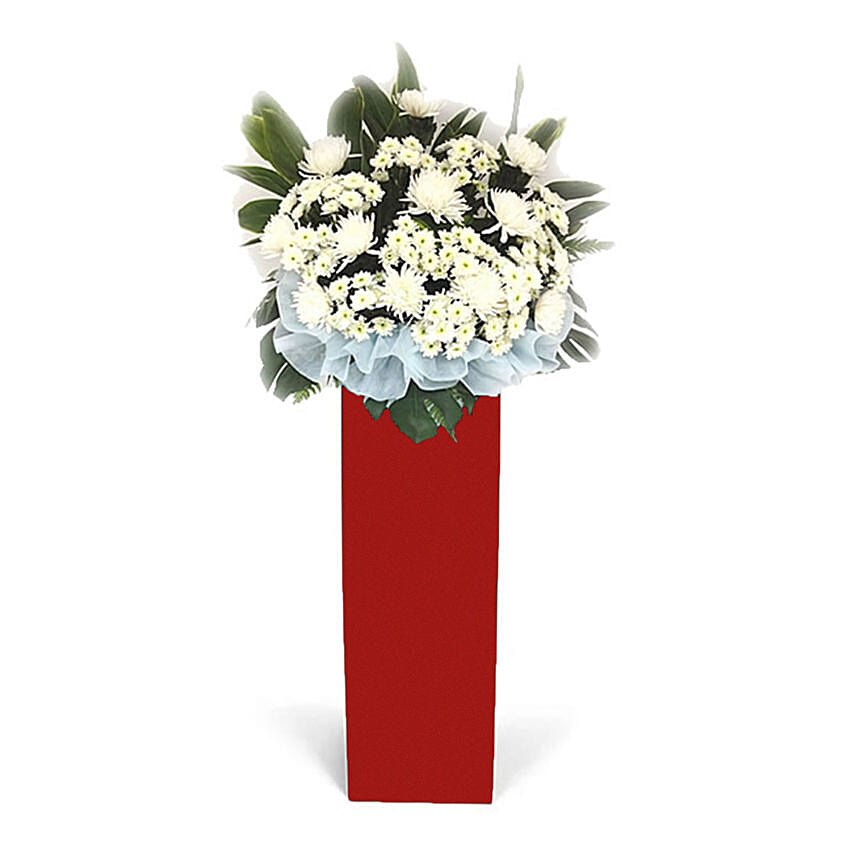 White Chrysanth White Pom Arrangement In Red Stand