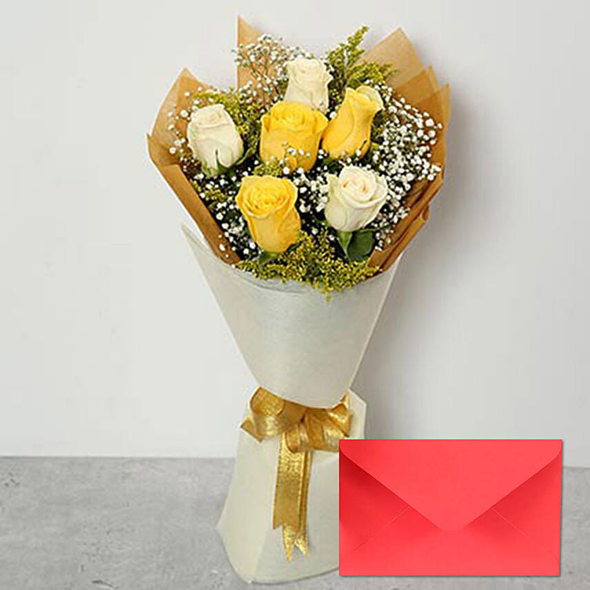 White Yellow Roses With Greeting Card