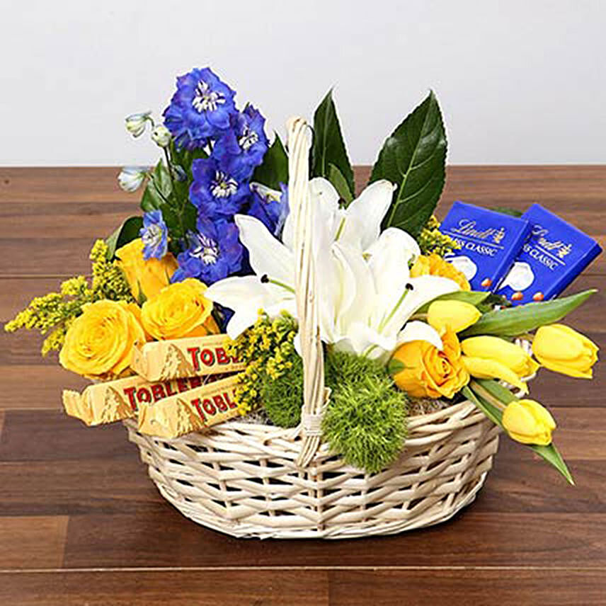Yellow And Blue Mixed Floral Basket With Chocolates