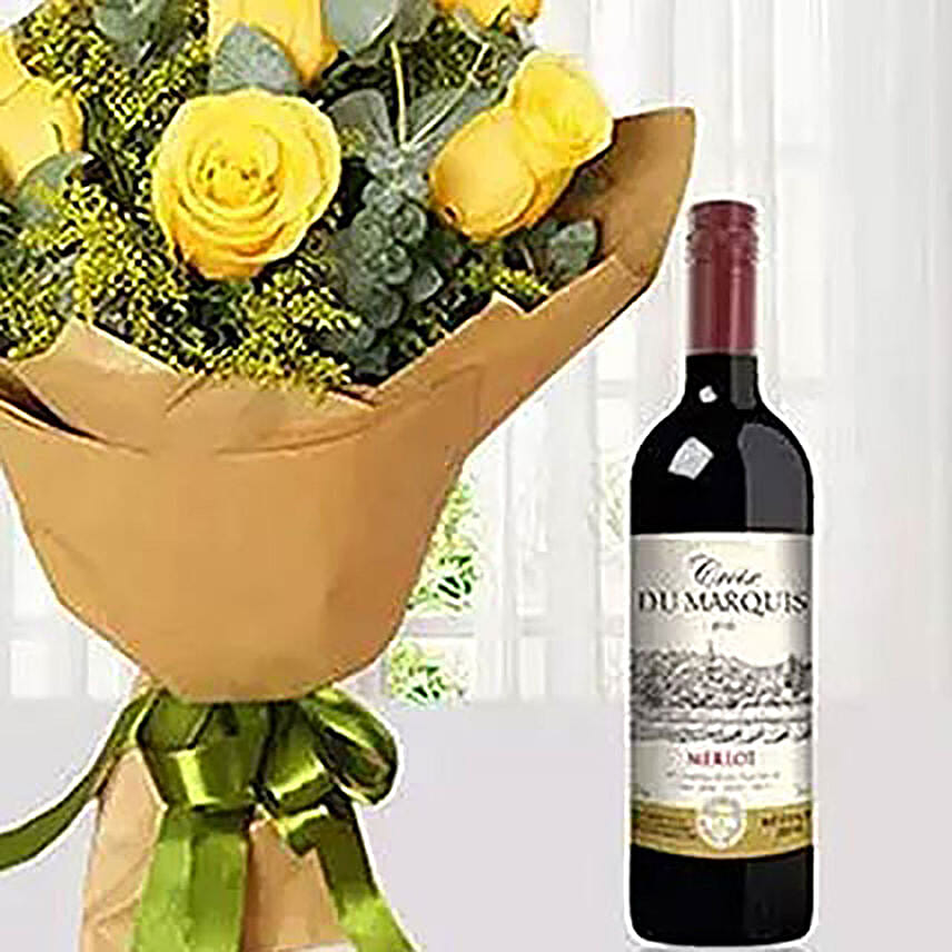Online Yellow Roses Bouquet N Wine Combo Gift Delivery in Singapore - FNP