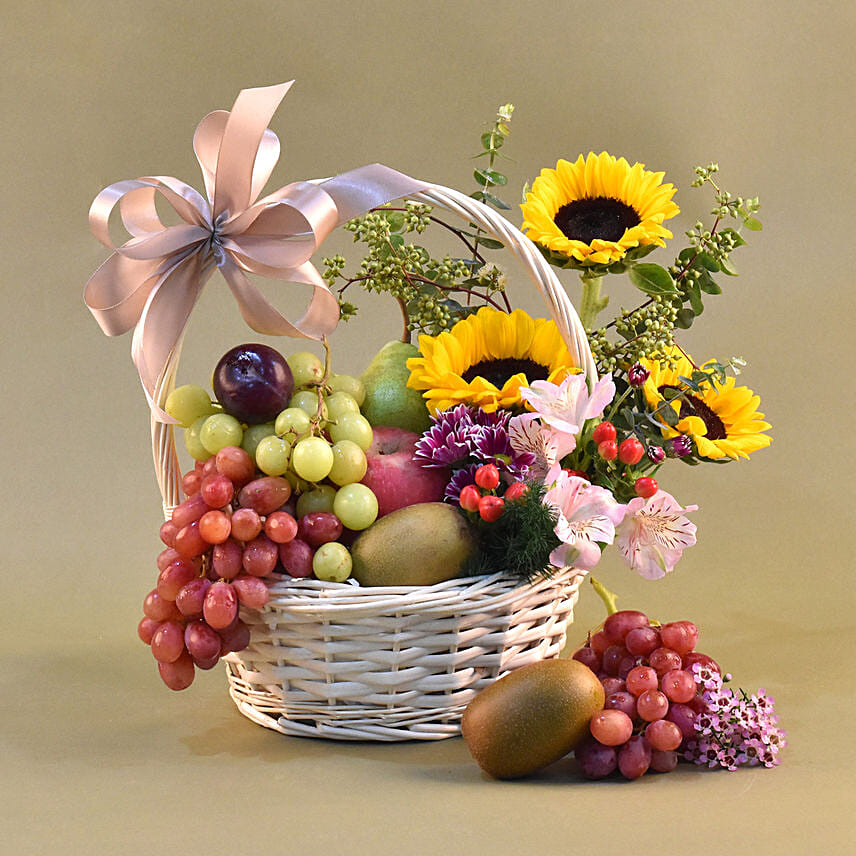 Beautiful Mixed Flowers & Fruits Basket