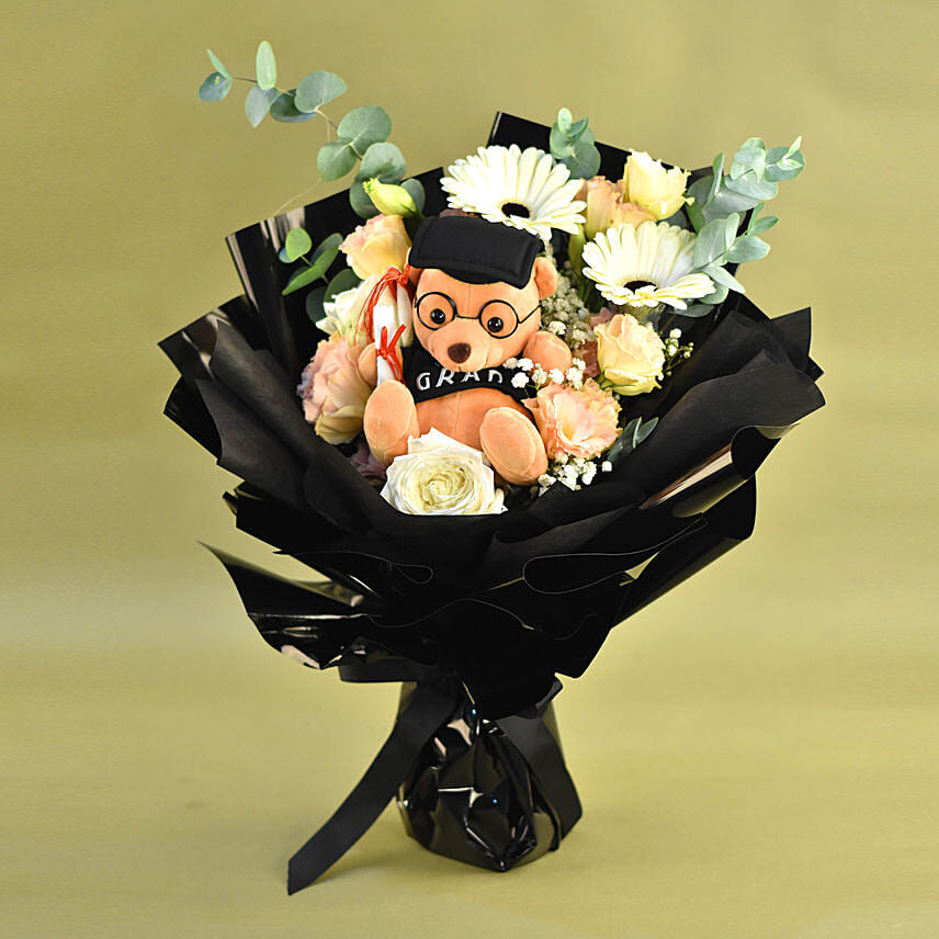 Graduation Teddy & Mixed Flowers Premium Bouquet