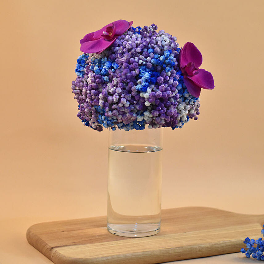 Purple Baby Breath & Phalaenopsis Cylindrical Vase