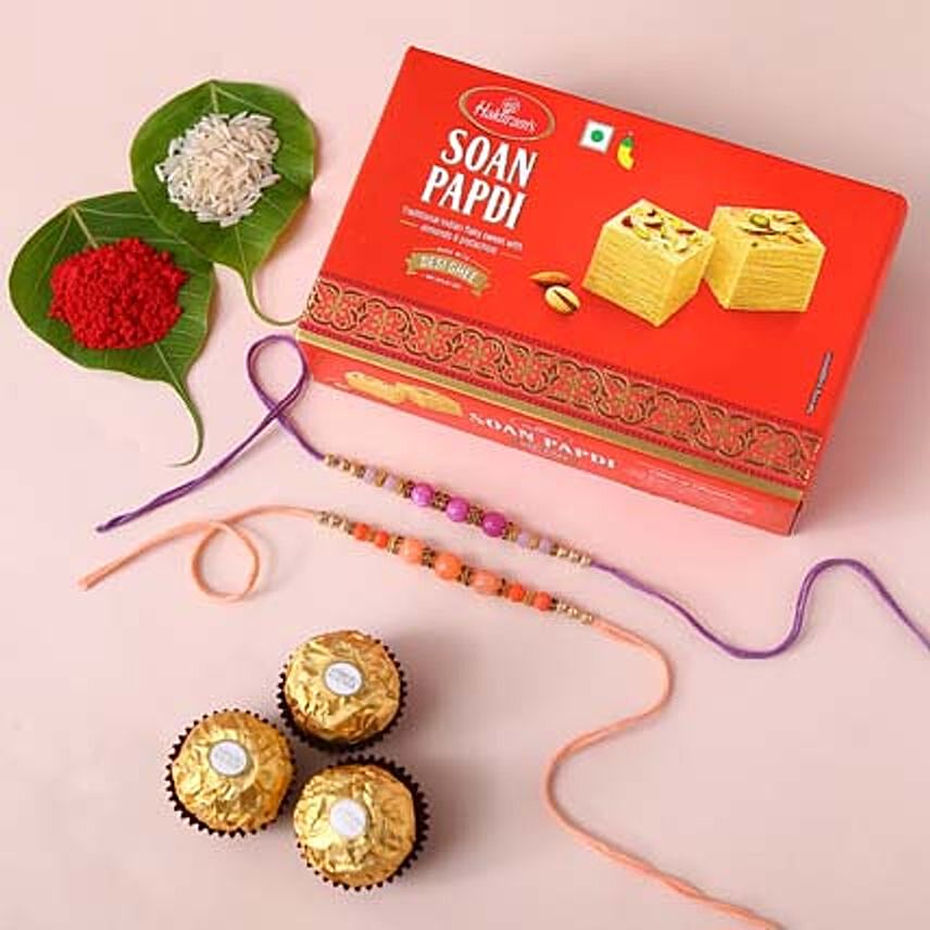 Sneh Beads Rakhis With Soan Papdi & Ferrero Rocher