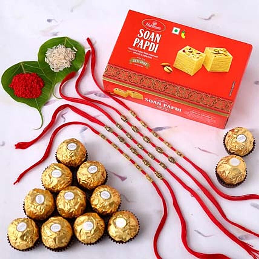 Sneh Brass Rakhi Set with Saon Papadi & Ferrero Rocher