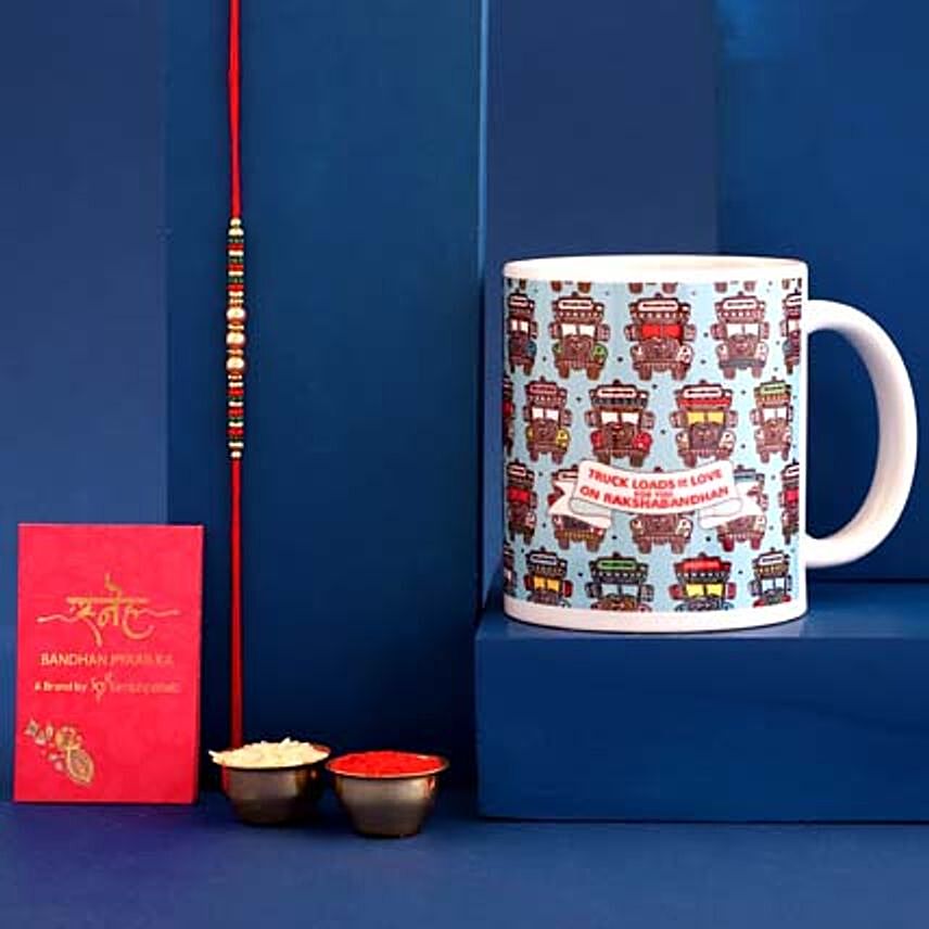 Sneh Colourful Pearl Rakhi with Printed Mug