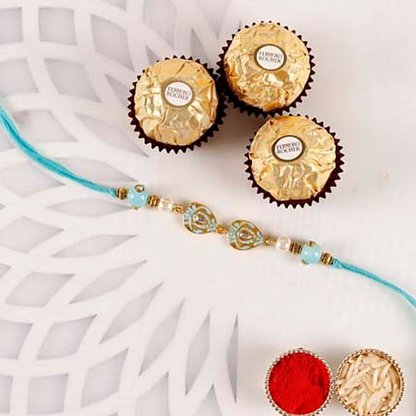 Sneh Designer Blue Stone Rakhi & Ferrero Rocher