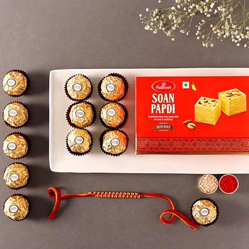 Sneh Elegant Gold Rakhi with Soan Papdi & Ferrero Rocher