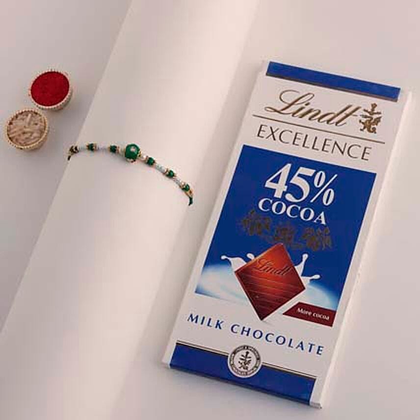 Sneh Fancy Green Rakhi & Lindt Bar
