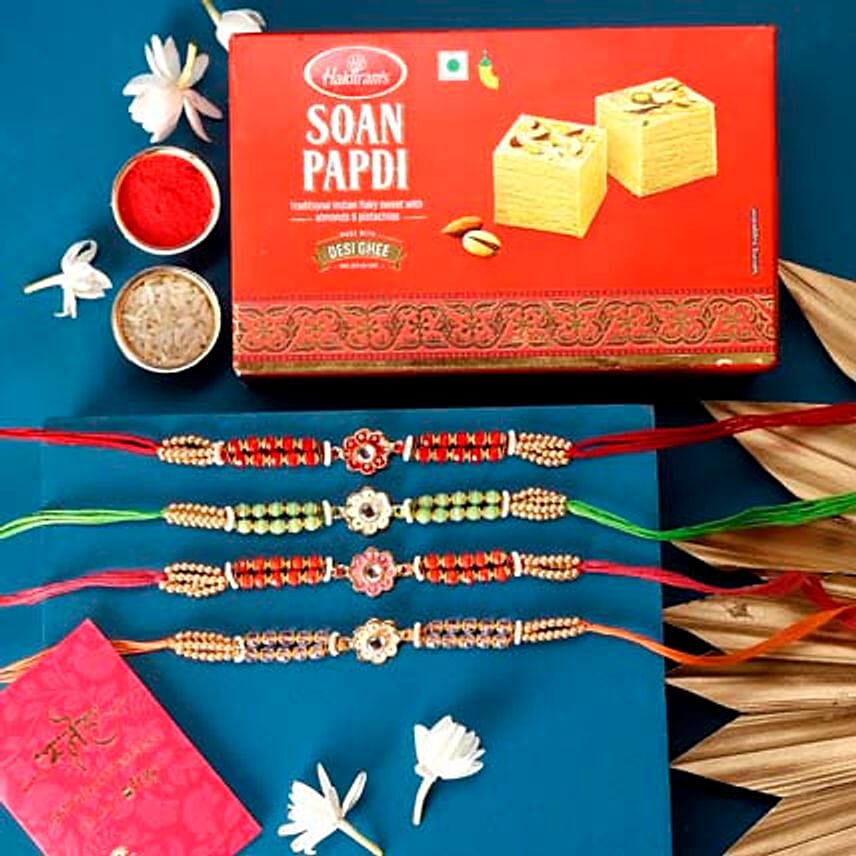 Sneh Meenakari Rakhi Set & Soan Papdi