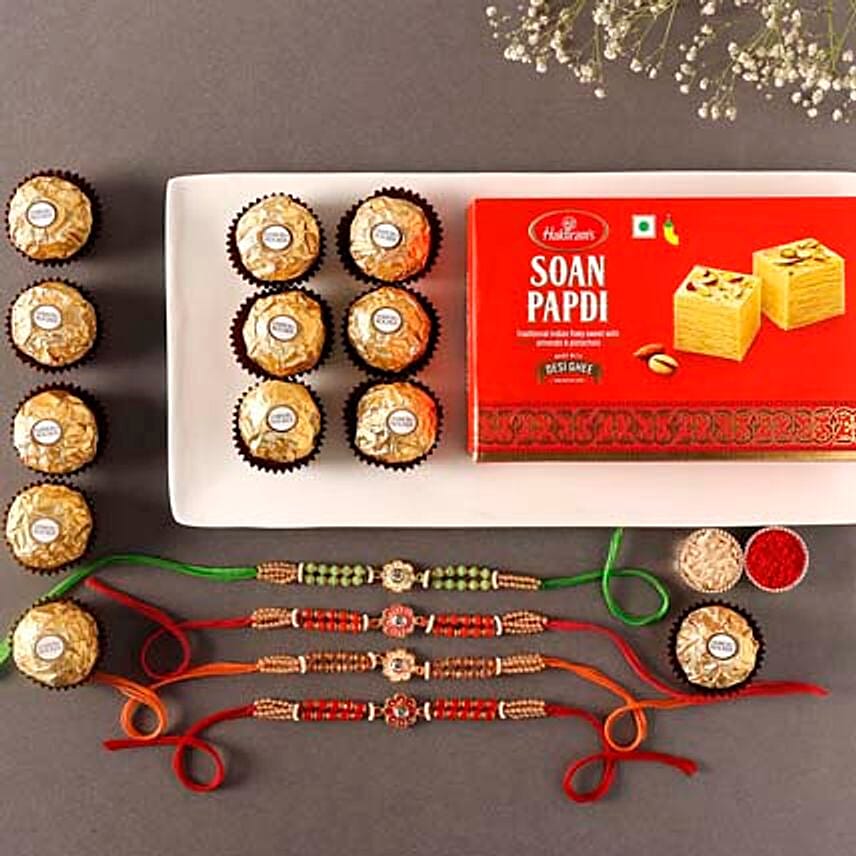 Sneh Meenakari Rakhi Set with Soan Papdi & Ferrero Rocher