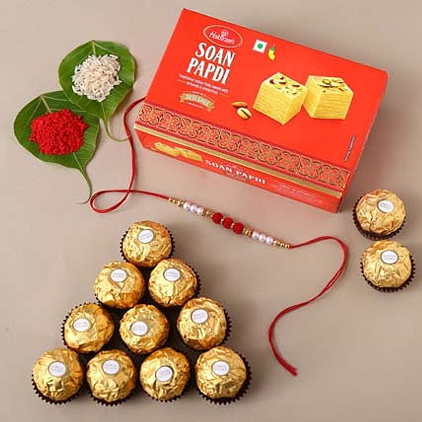 Sneh Red White Pearl Rakhi & Ferrero Rcoher