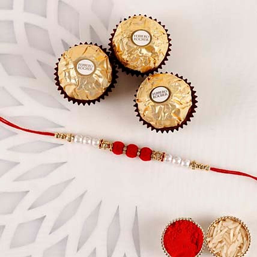 Sneh White Pearl Rakhi & Ferrero Rocher