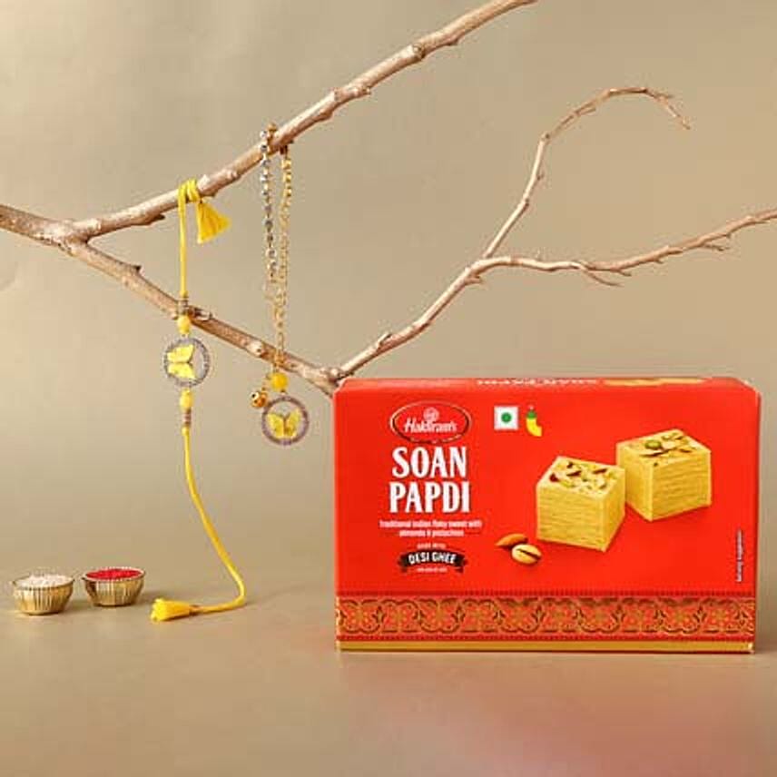 Sneh Yellow Bhaiya Bhabhi Rakhis & Soan Papdi