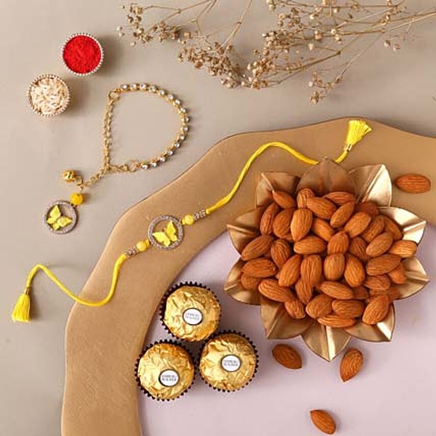 Sneh Yellow Rakhi Set With Almonds & Ferrero Rocher