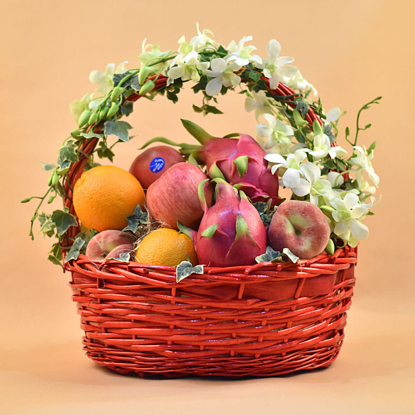 Dendrobium & Assorted Fruits Red Oval Basket