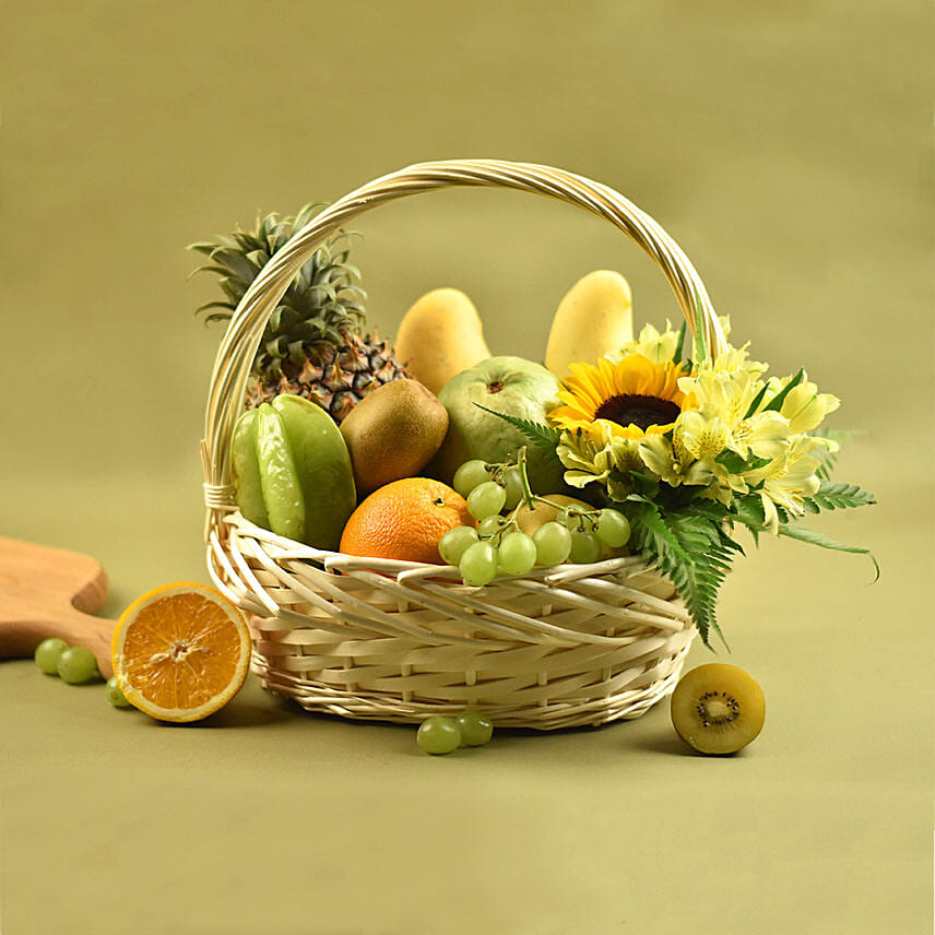 Mixed Flowers & Assorted Fruits Oval Basket