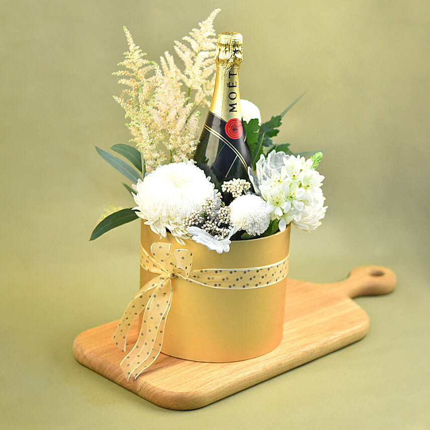 Mixed Flowers & Champagne Golden Box