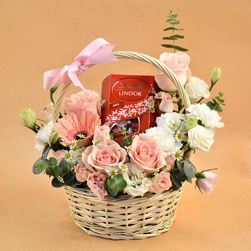 Elegant Flowers & Lindt Chocolate Willow Basket