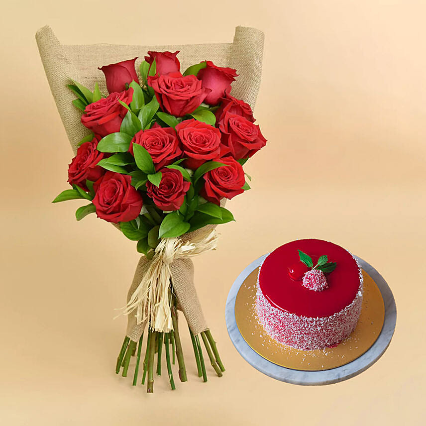 12 Valentines Red Roses Bouquet With Cake For Valentines