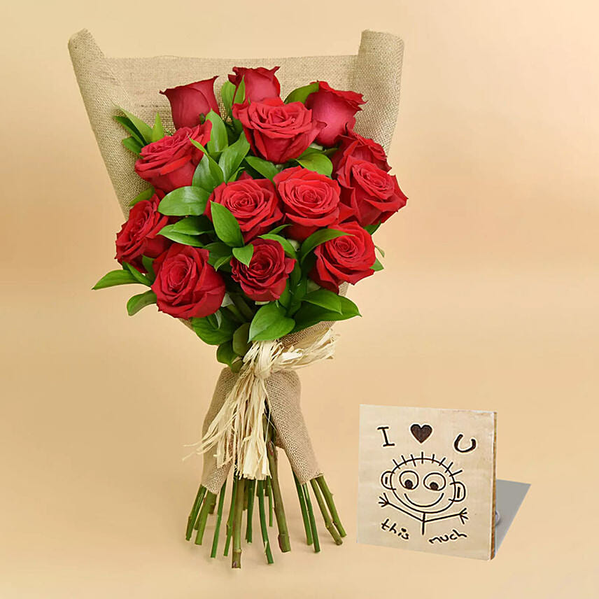 12 Valentines Red Roses Bouquet With I Love You Table Top For Valentines