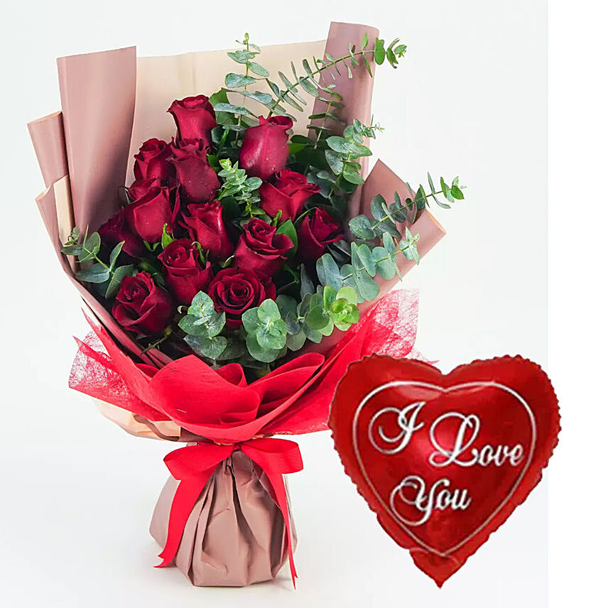 13 Red Roses Bouquet With I Love You Balloon For Valentines
