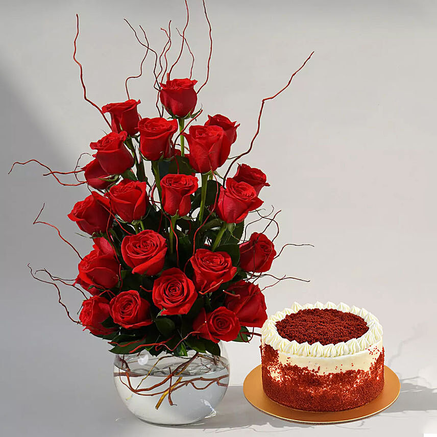 22 Red Roses In A Fish Bowl With Cake For Valentines