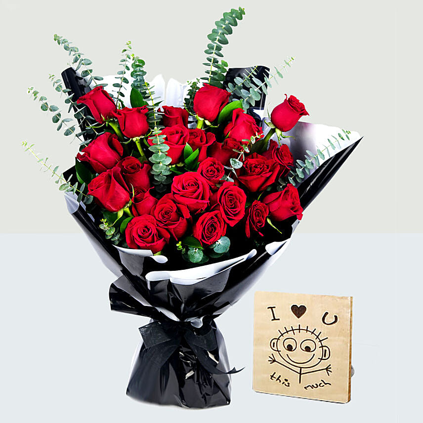 Beautiful Boquet Of 24 Red Roses With I Love You Table Top