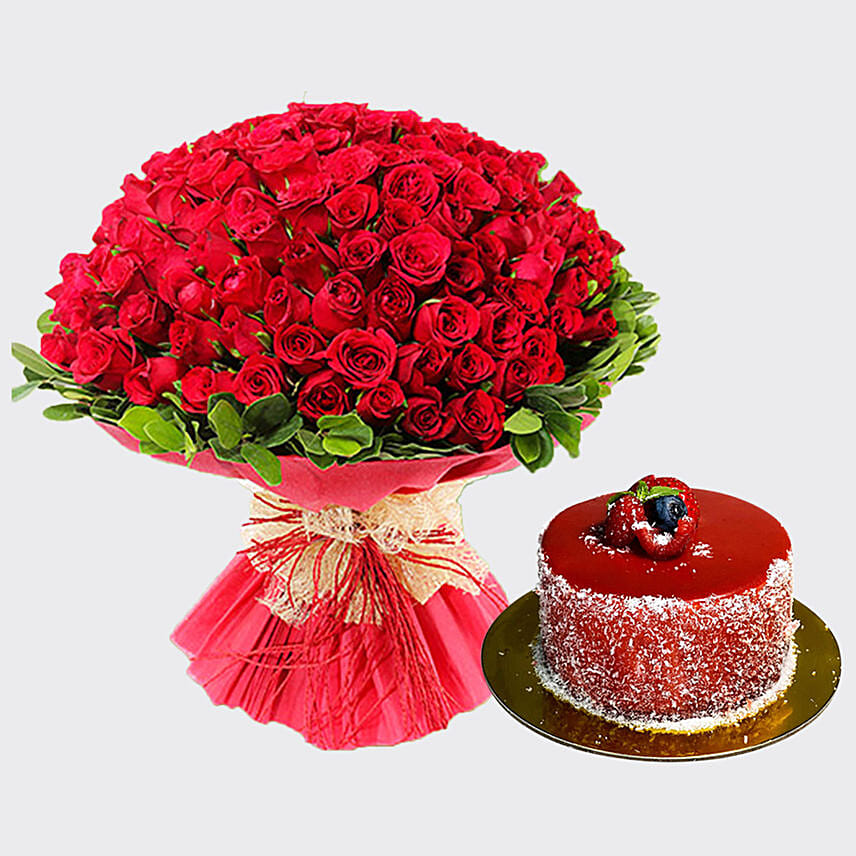 Online Bouquet Of 100 Roses With Mini Mousse Cake For Valentines Gift