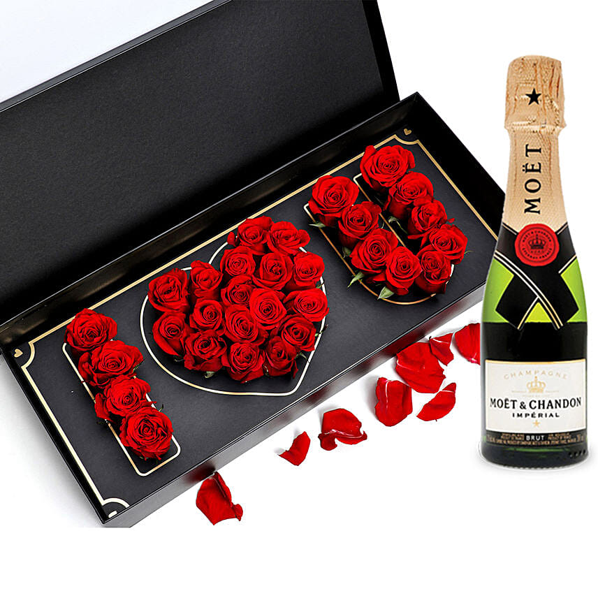 Online Box Of I Love You Roses With Mini Moet Champagne 200 Ml For  Valentines Gift Delivery in Singapore - FNP