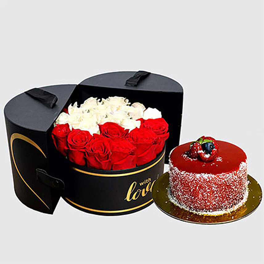 Charming Red & White Roses With Mini Mousse Cake For Valentines