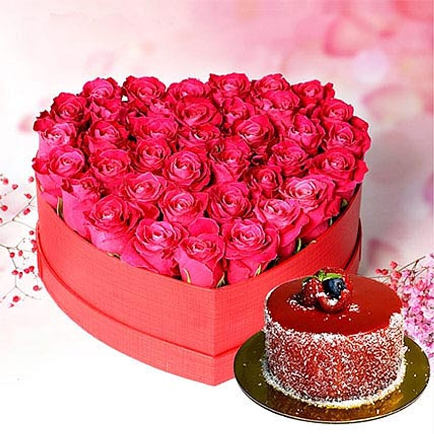 Heartshape Pink Roses Box With Mini Mousse Cake For Valentines