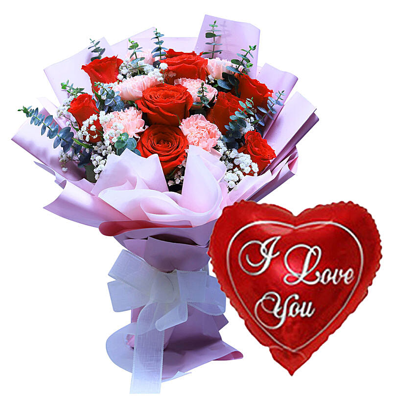 Rose & Carnation Bouquet With I Love You Balloon For Love