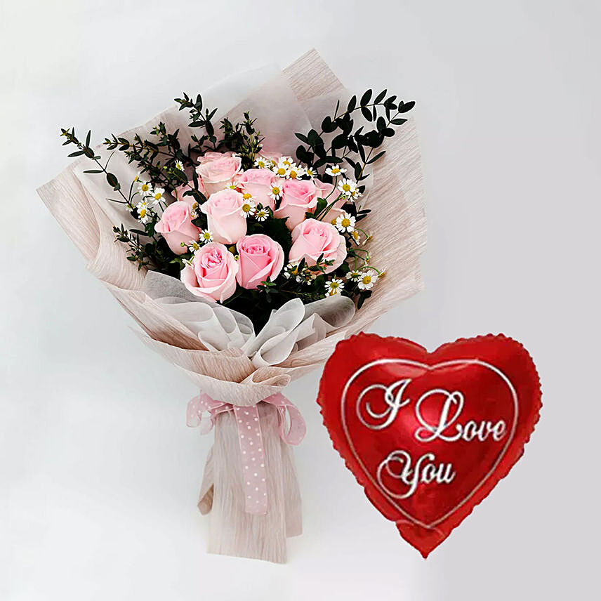 Titanic Rose Chamomile Bouquet With I Love You Balloon For Valentines
