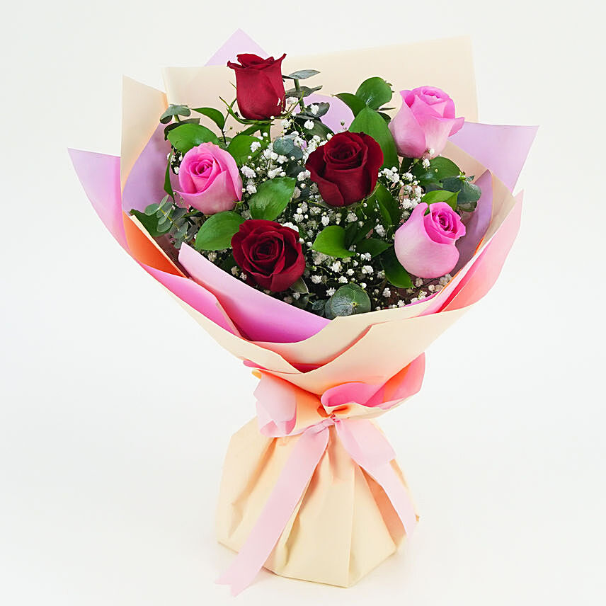 3 Pink & 3 Red Lovely Roses Bouquet