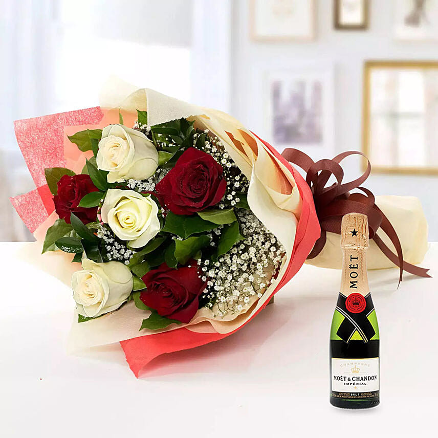 Red N White Roses With Mini Moet Champagne