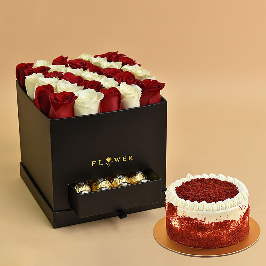 Floral Roses with Chocolates For Valentine And Red Velvet Cake