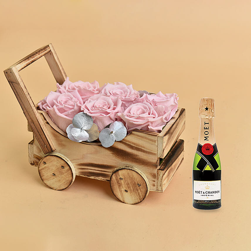 Lovely Forever Roses In a Cart For Valentine With Moet Champagne