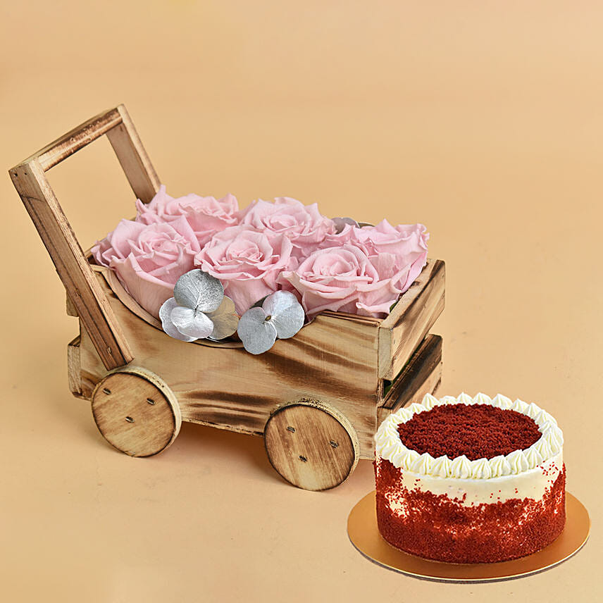 Lovely Forever Roses In a Cart For Valentine With Red Velvet Cake