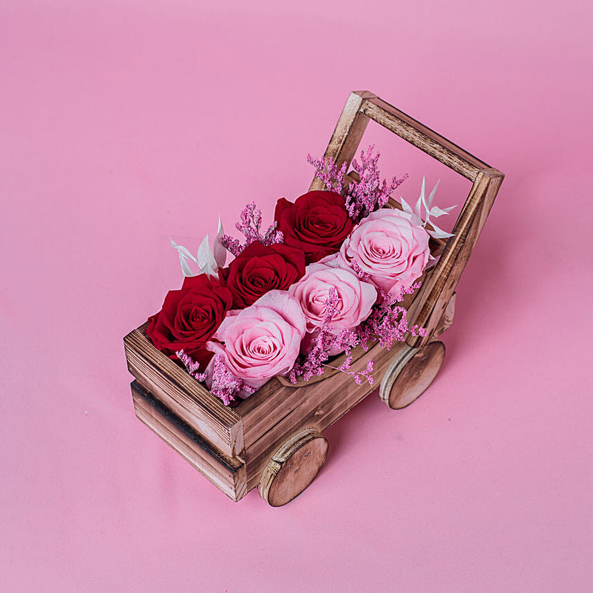 Preserved Roses Arrangment In a Cart