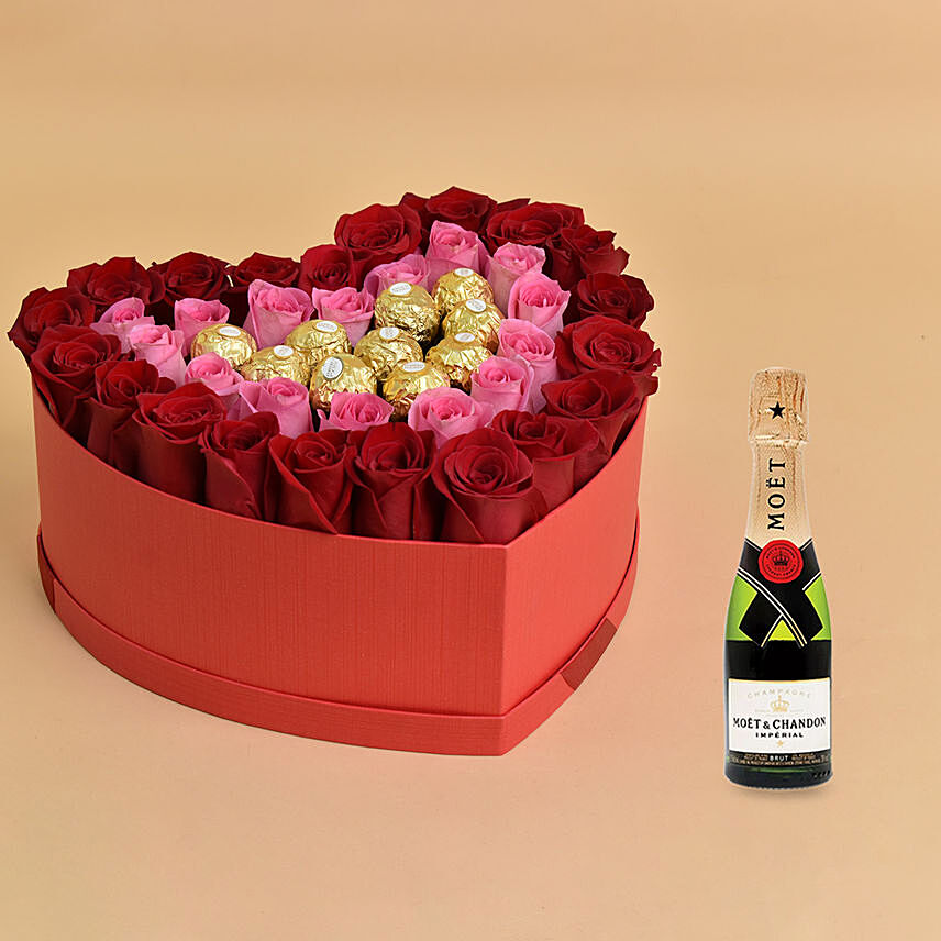 Roses and Chocolate In a Heart Shaped Box With Moet Champagne