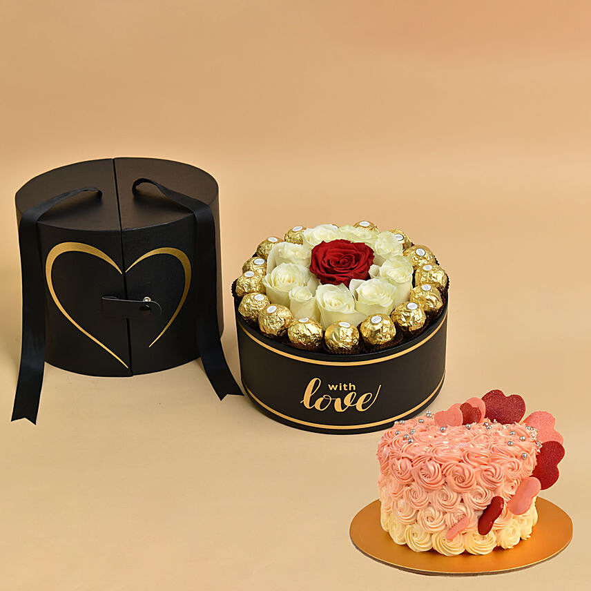 Roses with Chocolate In Black Love Box And Fairy Cream Cake