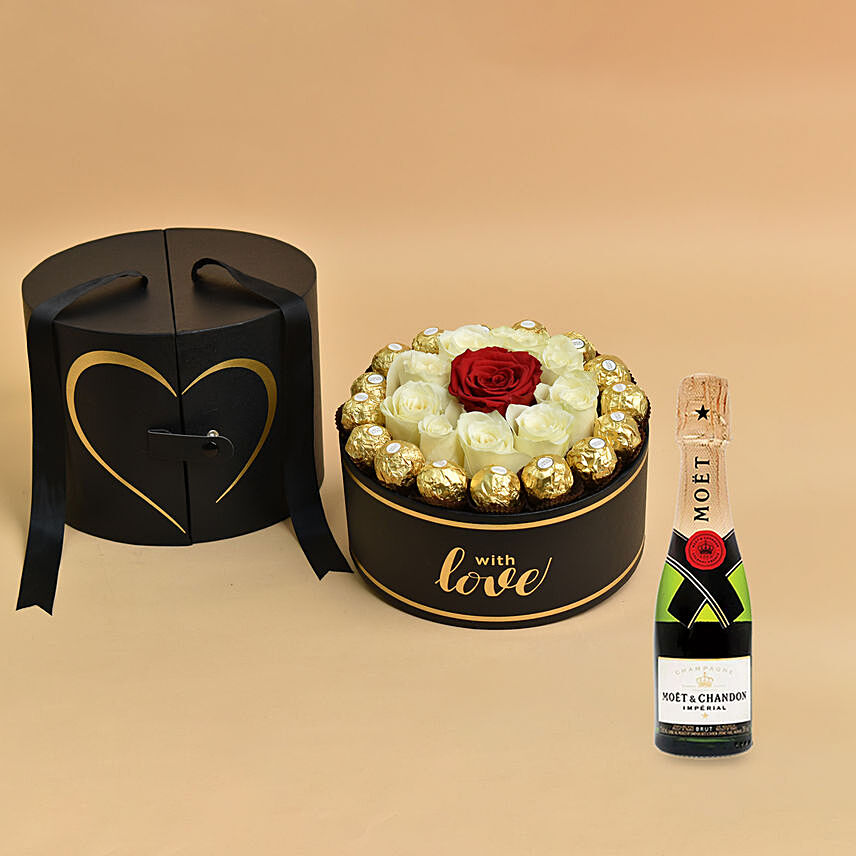Roses with Chocolate In Black Love Box And Moet Champagne