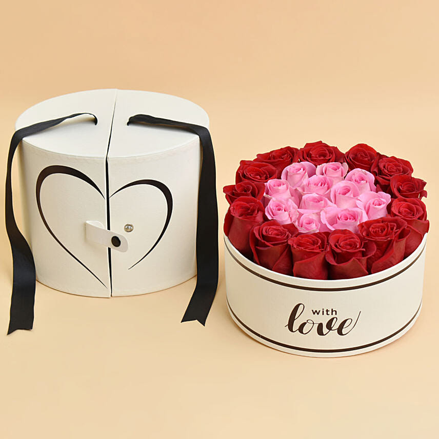 Pink & Red Roses In White Love Box For Valentine