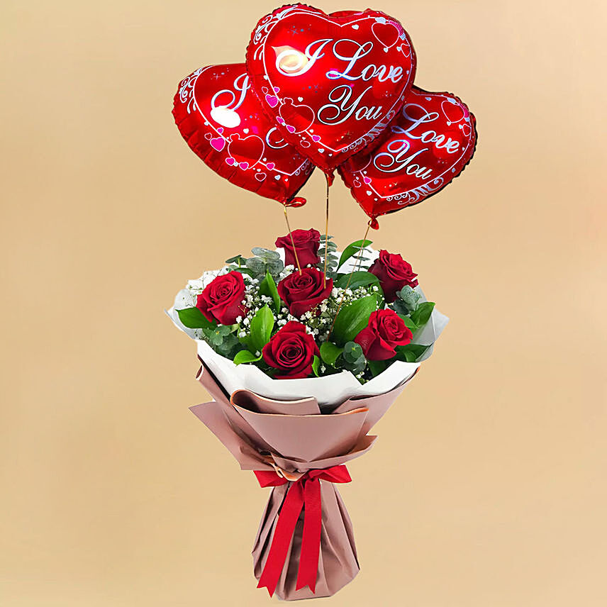 Bunch Of Beautiful 6 Red Rose with I Love You Balloons for Valentine