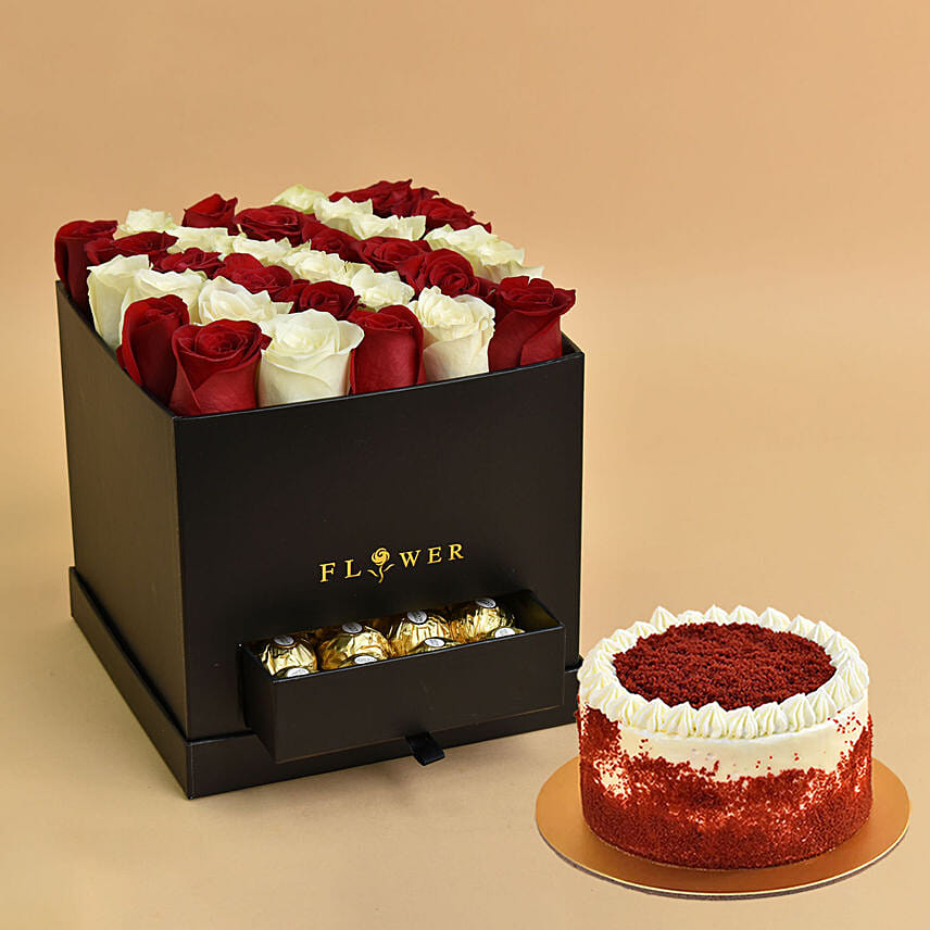 Love Floral Roses with Chocolates For Valentine And Red Velvet Cake
